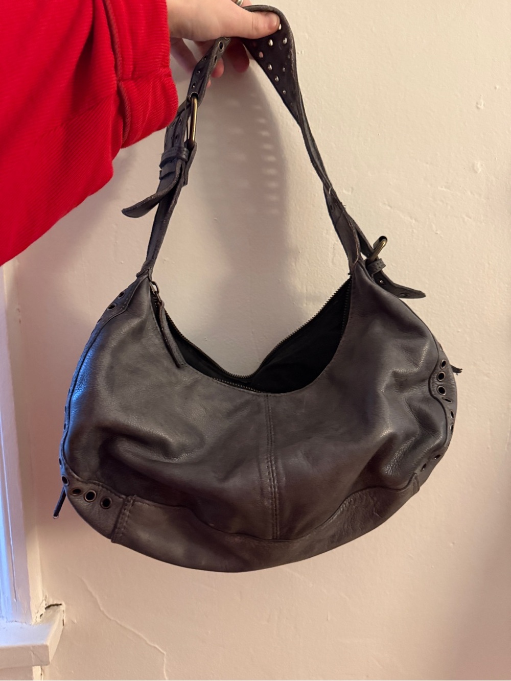 Free People Gray/Black Leather Hobo Shoulder Bag